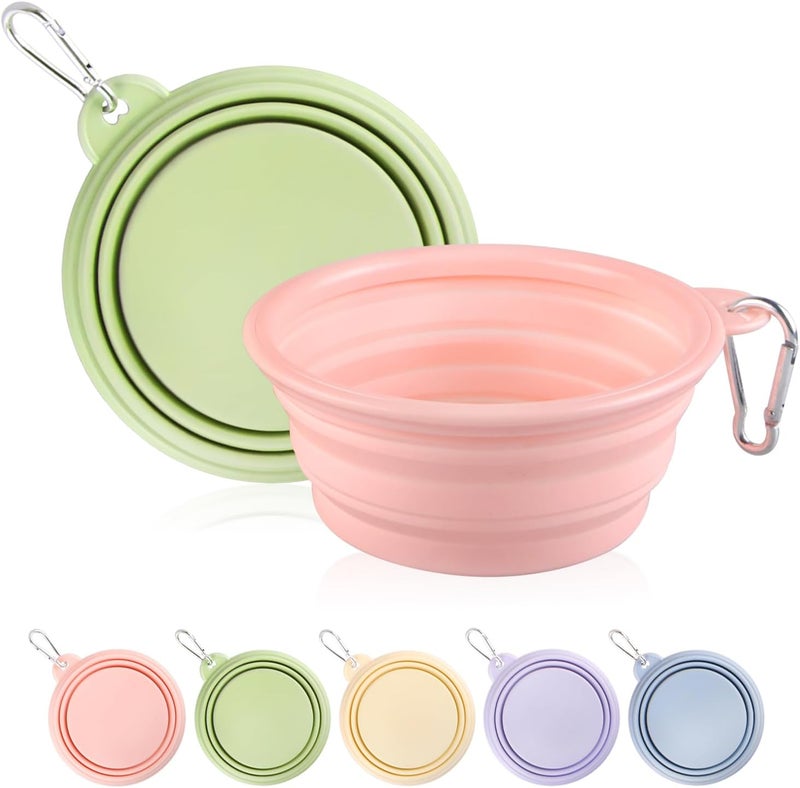 TECOPH Collapsible Dog Bowls 2-Pack, Portable Travel Dog Bowl with Carabiner, Food-Grade Silicone Pet Bowl for Hiking, Walking (Macaron Pink and Green) - Image 1